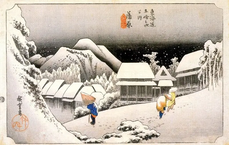 «Вечерний снег в Камбара» (Kambara yoru no yuki). Художник: Утагава Хиросигэ